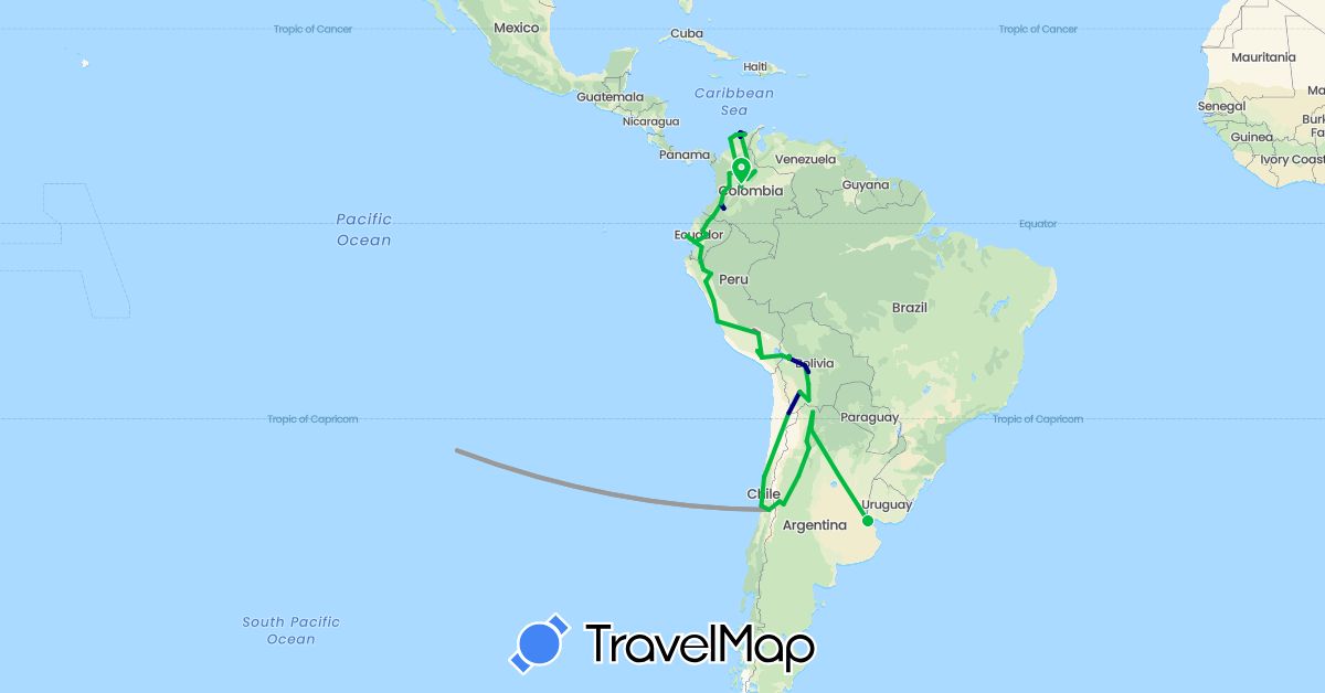 TravelMap itinerary: driving, bus, plane, train, hiking in Argentina, Bolivia, Chile, Colombia, Ecuador, Peru (South America)